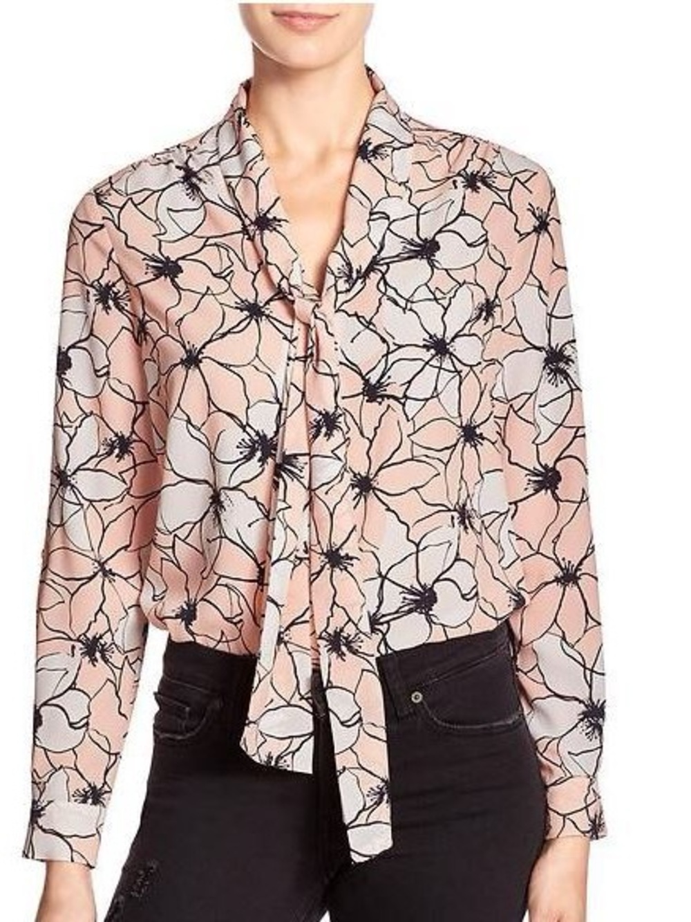 Banana Republic Peach Pink Floral Tie-Neck Blouse